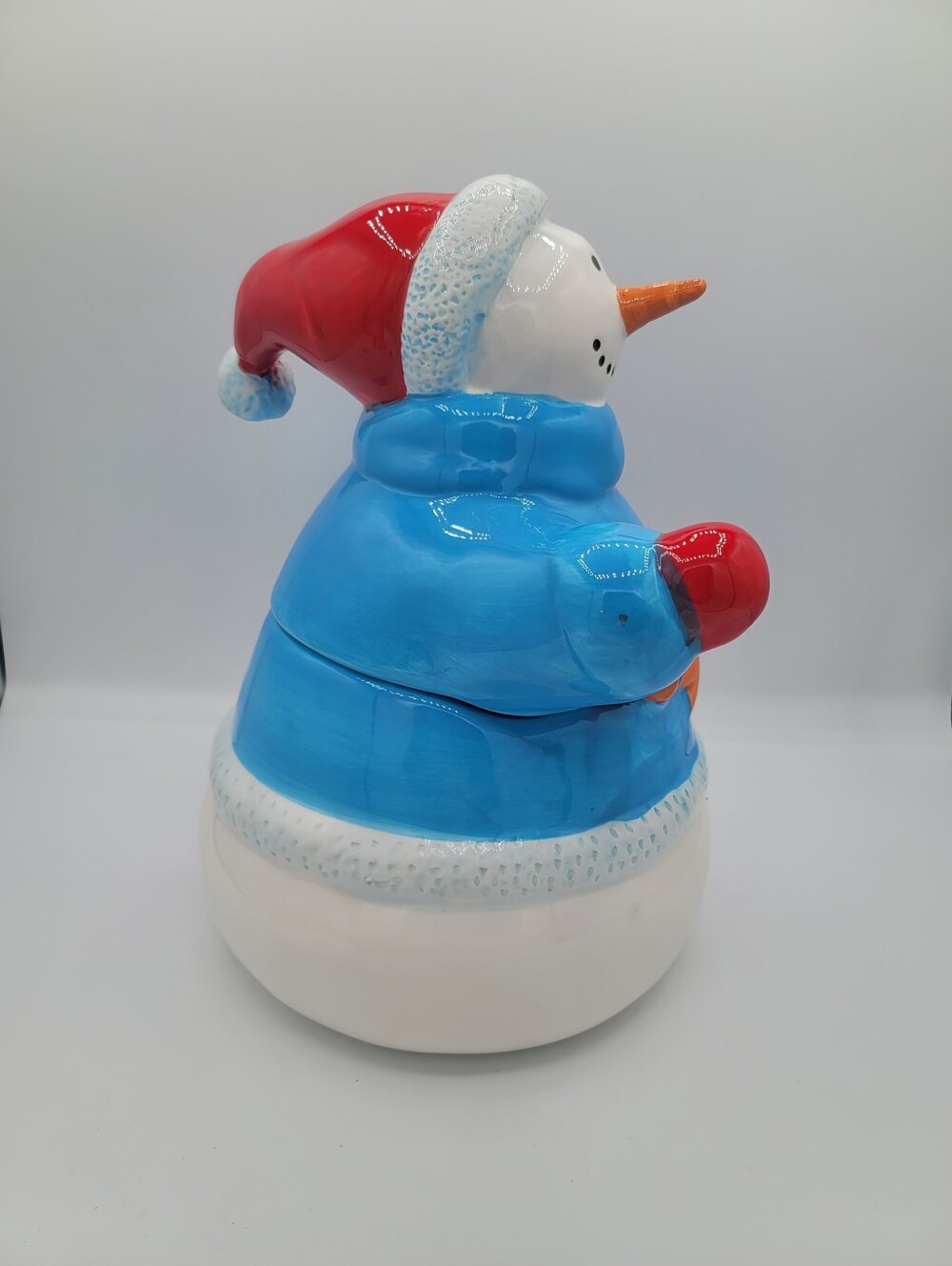 Blue Snowman Cookie Jar Ceramic Christmas Canister Homespun Holiday Winter Decor - Picture 2 of 15